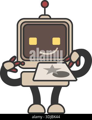 Sticker outline chat-bot printing picture character. Ai robotic avatar retro style illustration Stock Vector