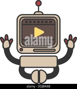 Sticker outline chat-bot video player character. Ai robotic avatar retro style illustration Stock Vector