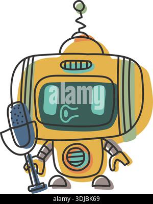 Sticker doodle chat-bot yellow singing with microphone character. Ai robotic avatar retro style illustration Stock Vector