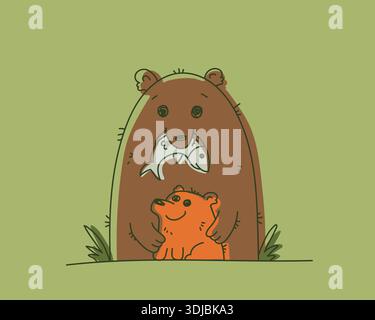 Green and brown cartoon outline bears family eating fish. Wild animal life Stock Vector
