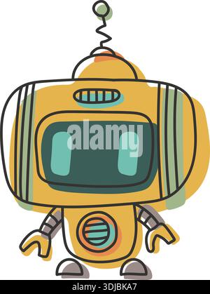 Sticker doodle chat-bot yellow character. Ai robotic avatar retro style illustration Stock Vector