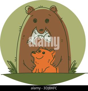 Green and brown cartoon outline illustration with bear Stock Vector