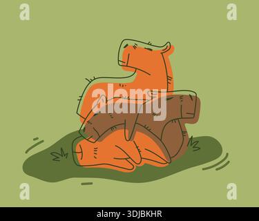 Green and brown cartoon outline capybaras are lying on the grass. Wild animal life Stock Vector
