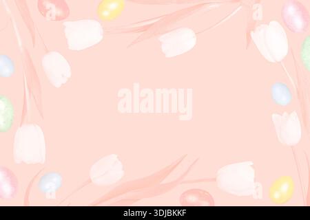 Soft pink background with faint tulips and colorful eggs forming a light, festive frame for Easter-themed content or greeting cards. Stock Photo