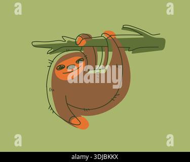 Green and brown cartoon outline sloth hanging from a tree. Wild animal life Stock Vector