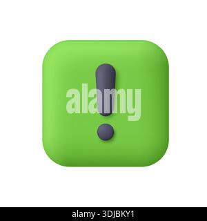 Black exclamation sign on green square app button. Alert, warning, caution and danger concept. 3d vector icon. Cartoon minimal style. Stock Vector