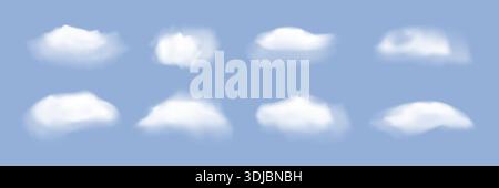 Realistic clouds set. Different shapes of white summer cloud isolated on blue sky background Stock Vector