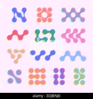 Connected dots sign set in riso print style. Risograph color metaball Stock Vector