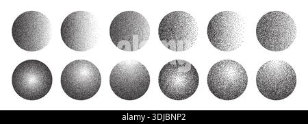 Grainy gradient sphere collection. Dotwork noise circle set Stock Vector