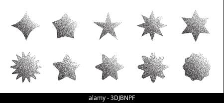 Grainy gradient star set. Stipple dots halftone starburst shape Stock Vector