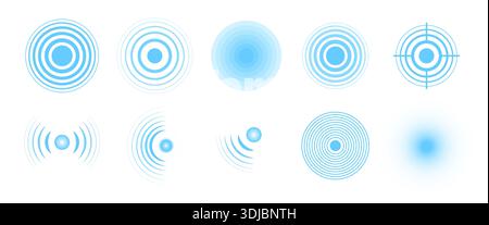 Blue sound wave collection. Sonar or radar signal set. Stock Vector