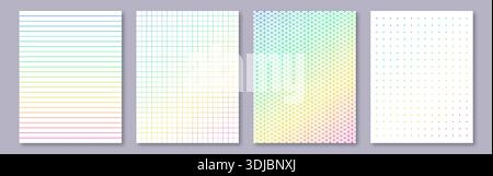 Notebook paper collection. Letter format sheets of rainbow square, lined and dotted paper Stock Vector