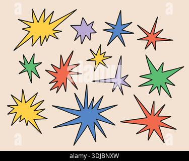 Doodle funky star set. Colorful hand drawn sparkle shapes Stock Vector