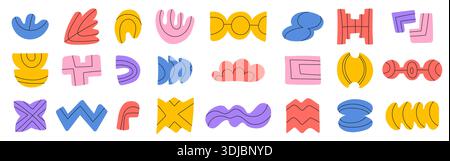 Abstract shapes set. Doodle colorful brutalist forms with black pattern Stock Vector