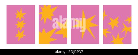 Modern cover set with orange doodle stars on pink background Stock Vector