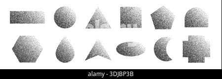 Dotted halftone geometric shapes set. Sand effect stipple dotwork Stock Vector