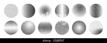 Grainy gradient sphere collection. Dotwork noise circle set Stock Vector