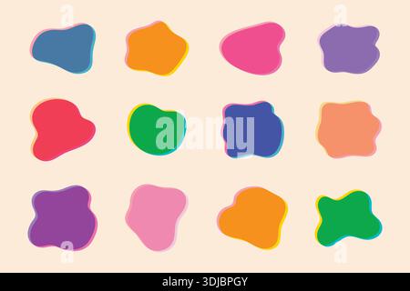 Set of colorful fluid shapes in trendy riso graph print texture style. Liquid elements Stock Vector