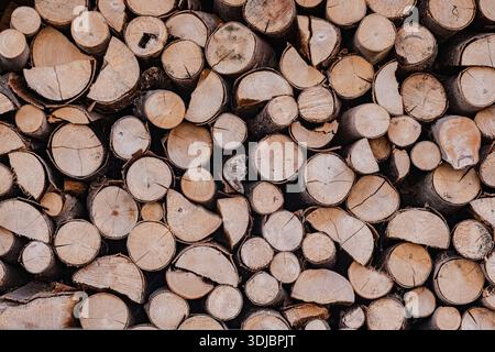 A full-frame, detailed view of stacked, split firewood logs. Natural wooden background highlighting renewable energy sources, winter preparation, and Stock Photo