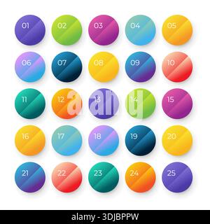 Number bullet points 1 to 25. Trendy gradient markers vector set Stock Vector