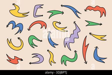 Doodle bold arrows set. Colorful curly arrow collection Stock Vector