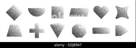 Dotted halftone geometric shapes set. Sand effect stipple dotwork Stock Vector