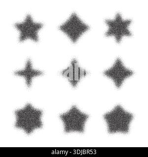 Dotwork star set. Dotted grain sparkles collection. Black noise texture vector Stock Vector