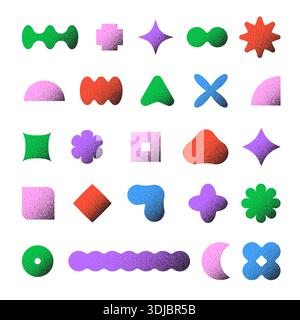 Trendy abstract geometric shapes set. Textured brutalist forms with halftone dots Stock Vector