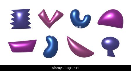 3d metallic doodle vector shapes. Trendy render chrome decoration elements Stock Vector