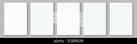 Notebook paper collection. A4 format sheets with blue grid Stock Vector