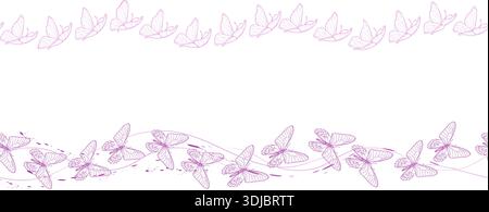 Delicate butterflies with graceful wings on a seamless border. Vector illustration. Cute purple flying insects, isolated on a white background. Suitab Stock Vector