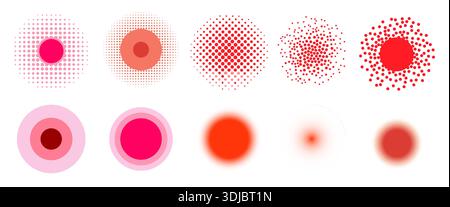 Trendy red pain point collection. Set of circles and halftone symbols of painful target Stock Vector