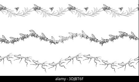 Bees, bumblebees, and a praying mantis on a seamless border. Vector illustration. Flying insects, isolated on a white background. Suitable for postcar Stock Vector