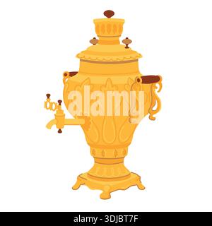 Vector illustration of a yellow metal samovar. A traditional vessel for brewing tea. A symbol of Russian hospitality. A richly decorated teapot in Russia. Stock Vector
