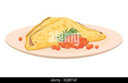A thin pancake and red caviar on a white plate. Vector illustration of a traditional Russian food for Maslenitsa. A crep folded into a triangle and salted salmon caviar. An expensive delicacy Stock Vector