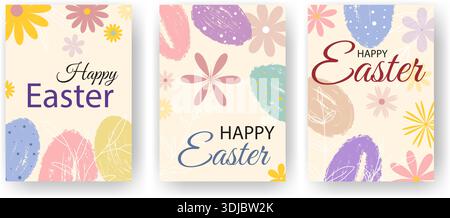 Set of Easter cards with eggs, flowers and greeting text. Happy Easter layouts for posters, booklets, leaflets, flyers, advertisements, cards, vector Stock Vector