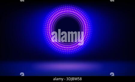 Futuristic technology stage blue background. Round dotted led, neon blue purple glow. Abstract background for displaying products, presentation, ad Stock Vector