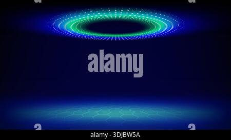 Futuristic technology stage blue background. Round green dotted led, neon glow, grid floor. Abstract background for displaying products Stock Vector
