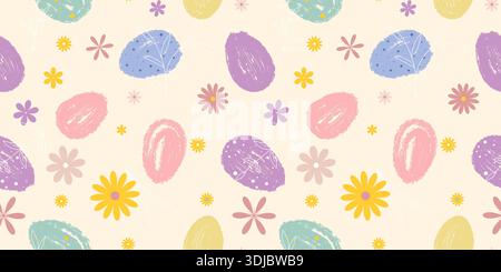 Easter seamless pattern with colored eggs. Easter eggs with flowers and grass on soft beige background. Festive spring print for textiles, paper, pack Stock Vector