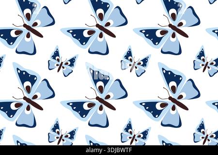 Seamless pattern with a blue butterfly with spread wings in flight. Summer butterfly. Hand-drawn spring insect. Beautiful summer tropical moths. Flat Stock Vector