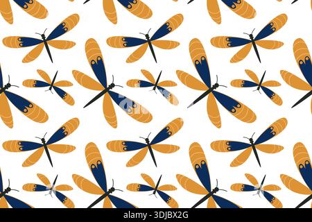 Seamless pattern with a yellow dragonfly with blue wing patterns. Summer butterfly. Spring insect illustration. Beautiful hand-drawn summer tropical m Stock Vector