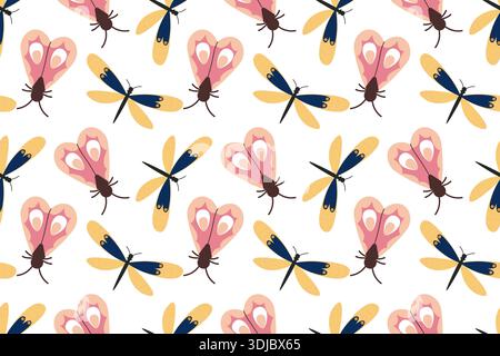 Seamless pattern with a pink butterfly with folded wings and dragonflies. Summer butterfly. Spring insect illustration. Beautiful hand-drawn summer tr Stock Vector
