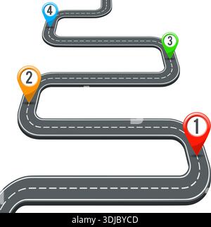 Business Concept with Timeline Road Infographics and Pin Pointers on Transparent Background. Flat style icons. Isolated Vector Illustration Stock Vector