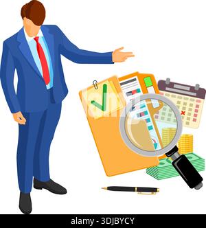 Auditing, Tax, Business Accounting Banner. Auditor, magnifying Glass and folder with checked up Financial Reports, calendar and money. Flat Style Icon Stock Vector