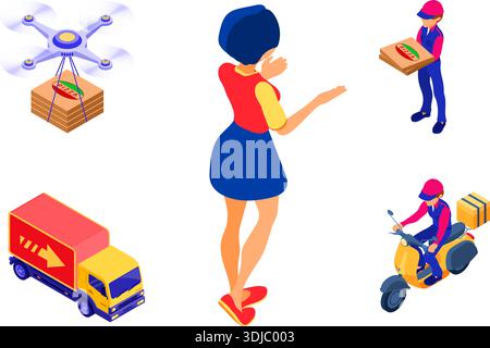 online food order and package delivery service Drone delivery pizza fast food shipping isometric courier with pizza and scooter delivery truck rating Stock Vector