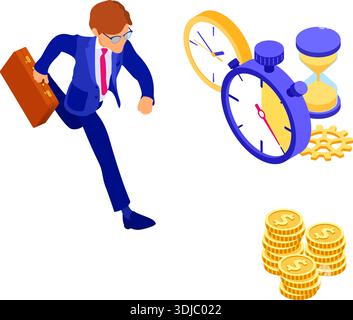 Planning schedule time management with stopwatch clock and hourglass businessman with briefcase in hurry before deadline time isometric infographics b Stock Vector
