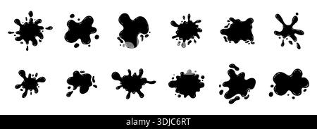 Black smooth ink shiny blob form set. Splash with glossy drops, round abstract shapes silhouette liquid. Soft fluid organic puddle border, frame. Current drops. Ink Paint fall down liquid. Vector illustration Stock Vector