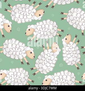 Seamless green background with funny white sheep. Nursery background design for prints, fabric, textile, wallpaper, wrapping paper. Vector Stock Vector