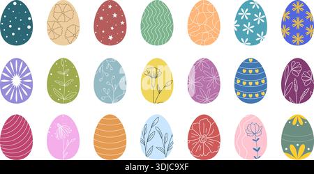 Collection of Easter eggs. Festive colorful eggs with patterns of flowers, twigs, herbs, stars, lines and dots. Set of ellipses with various decorate Stock Vector
