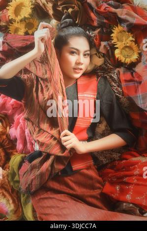 Close-up overhead Portrait of a young woman in traditional Thai clothing Stock Photo